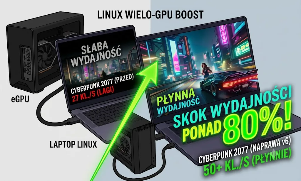 Przełom w Linux Multi-GPU: Cyberpunk 2077 na eGPU szybszy o ponad 80%