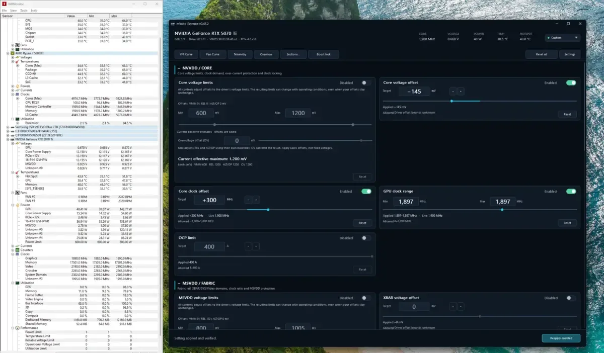 GeForce RTX 5070 Ti pobiera zaledwie 143 W w eksperymencie z ekstremalnym undervoltingiem za pomocą mVolt+